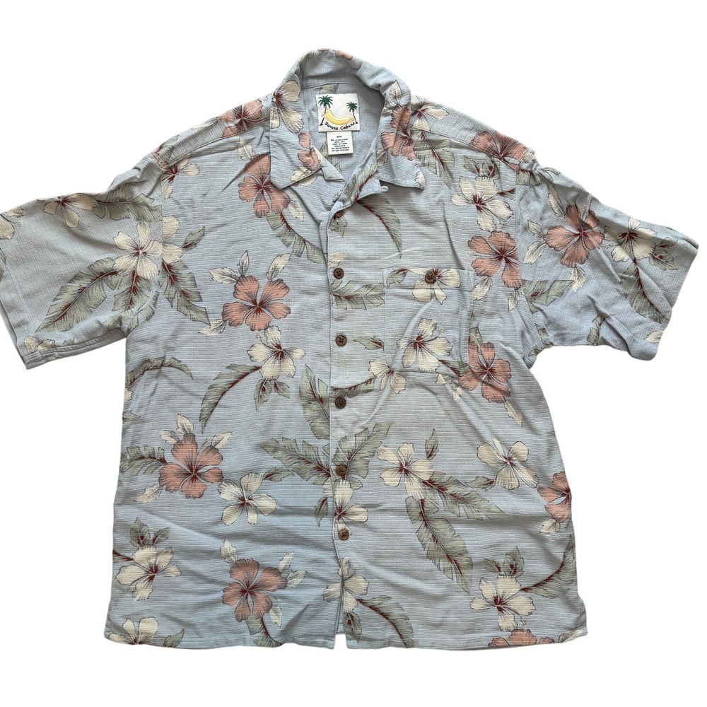 Banana Cabana Mens XL Silk Hawaiian Shirt Blue Floral Tropical Short Sleeve